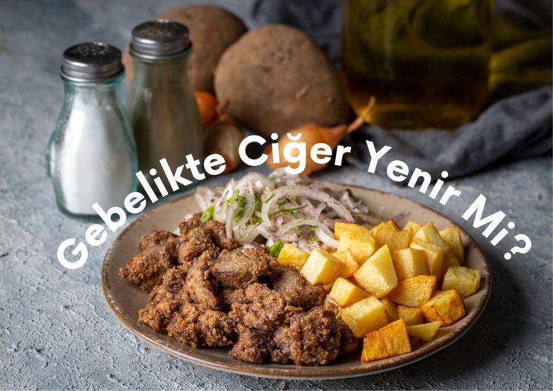 Hamile bir kadının önünde sakatat içeren bir tabak ve yanında sebzeler